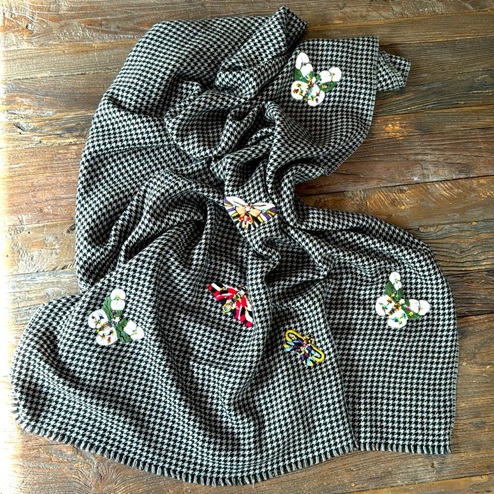 Houndstooth large wrap with beaded embroidered butterflies 27”x 76”